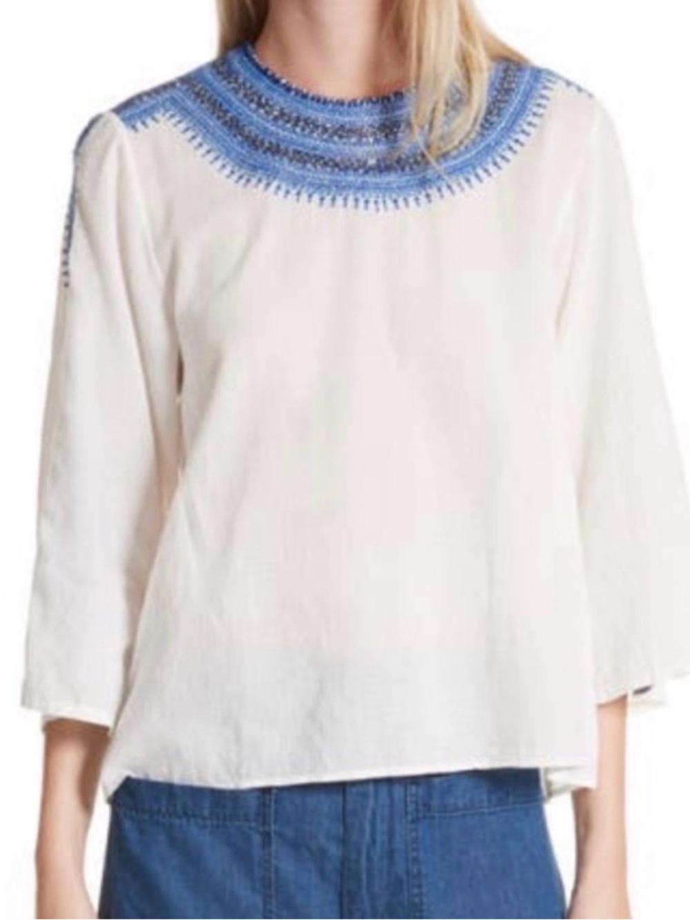 The Great Oasis Embroidered Peasant Blouse Blue White Top